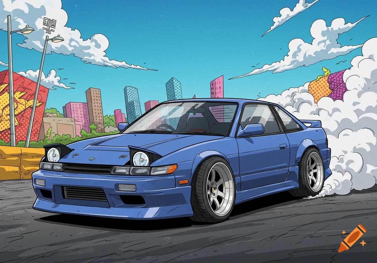 Blue Nissan 240SX S13 car drifting in anime style with city background.