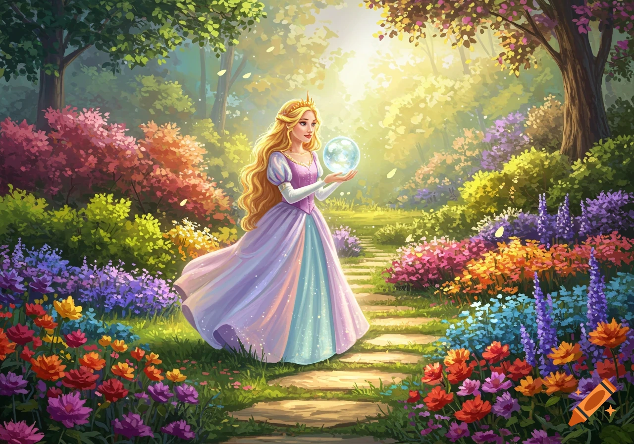Fantasy illustration of a princess in a colorful garden holding a glowing ball.