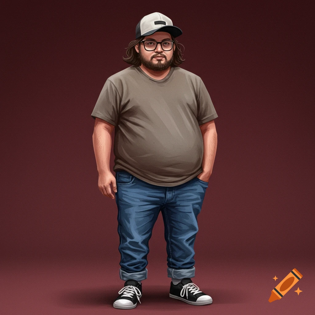 Illustration of an overweight man with shoulder length hair and beard, wearing glasses, a baseball cap, t-shirt, jeans, and sneakers.