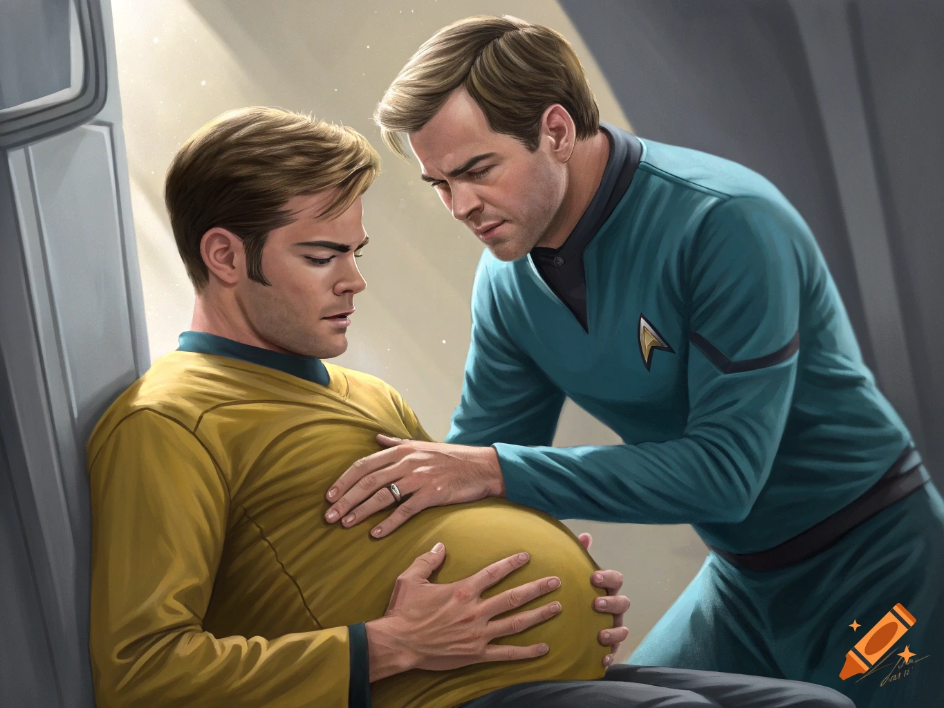 Digital painting of two Starfleet officers, one visibly pregnant and in pain, the other touching his belly comfortingly.