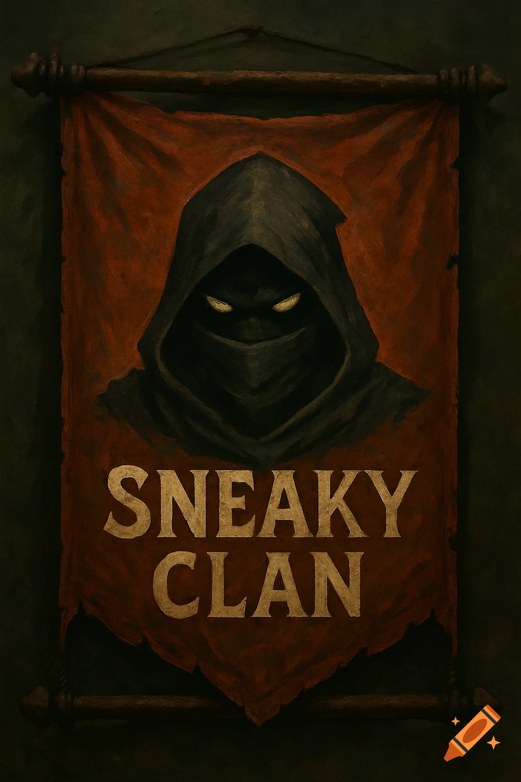 Painted banner with a hooded figure and glowing eyes, text reads SNEAKY CLAN