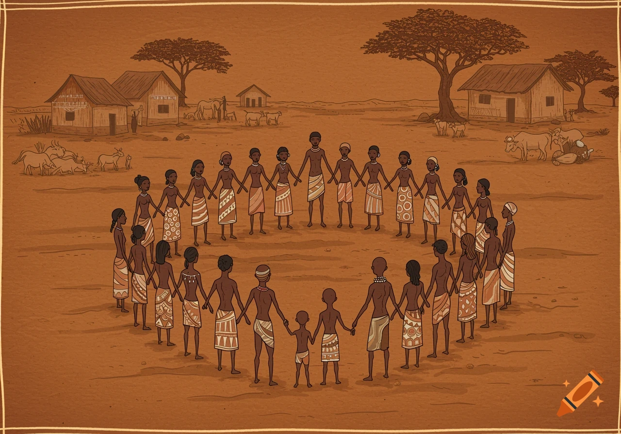 Tribal art illustration of people holding hands in a circle with a rural village background.