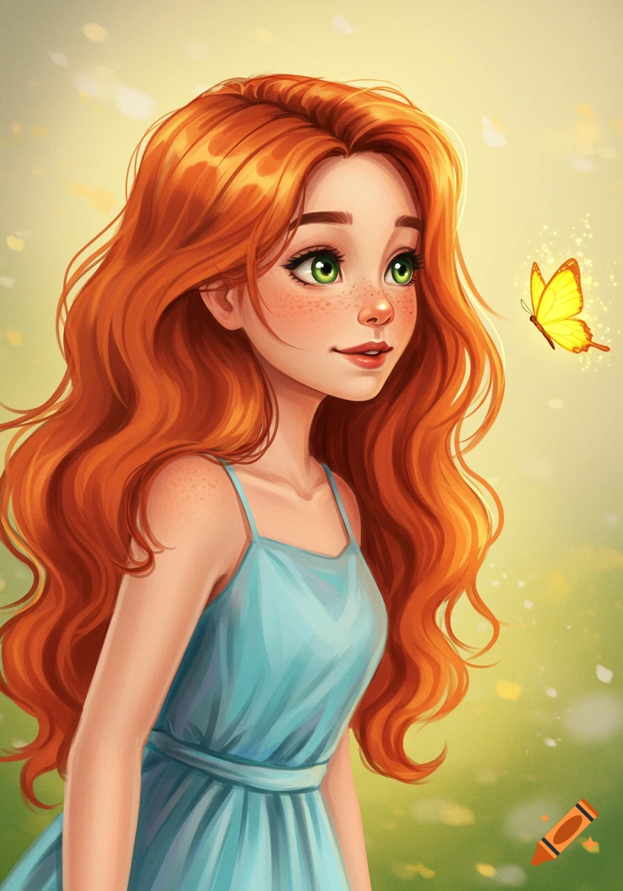 Illustration of a red-haired girl looking at a yellow butterfly in a bright setting.