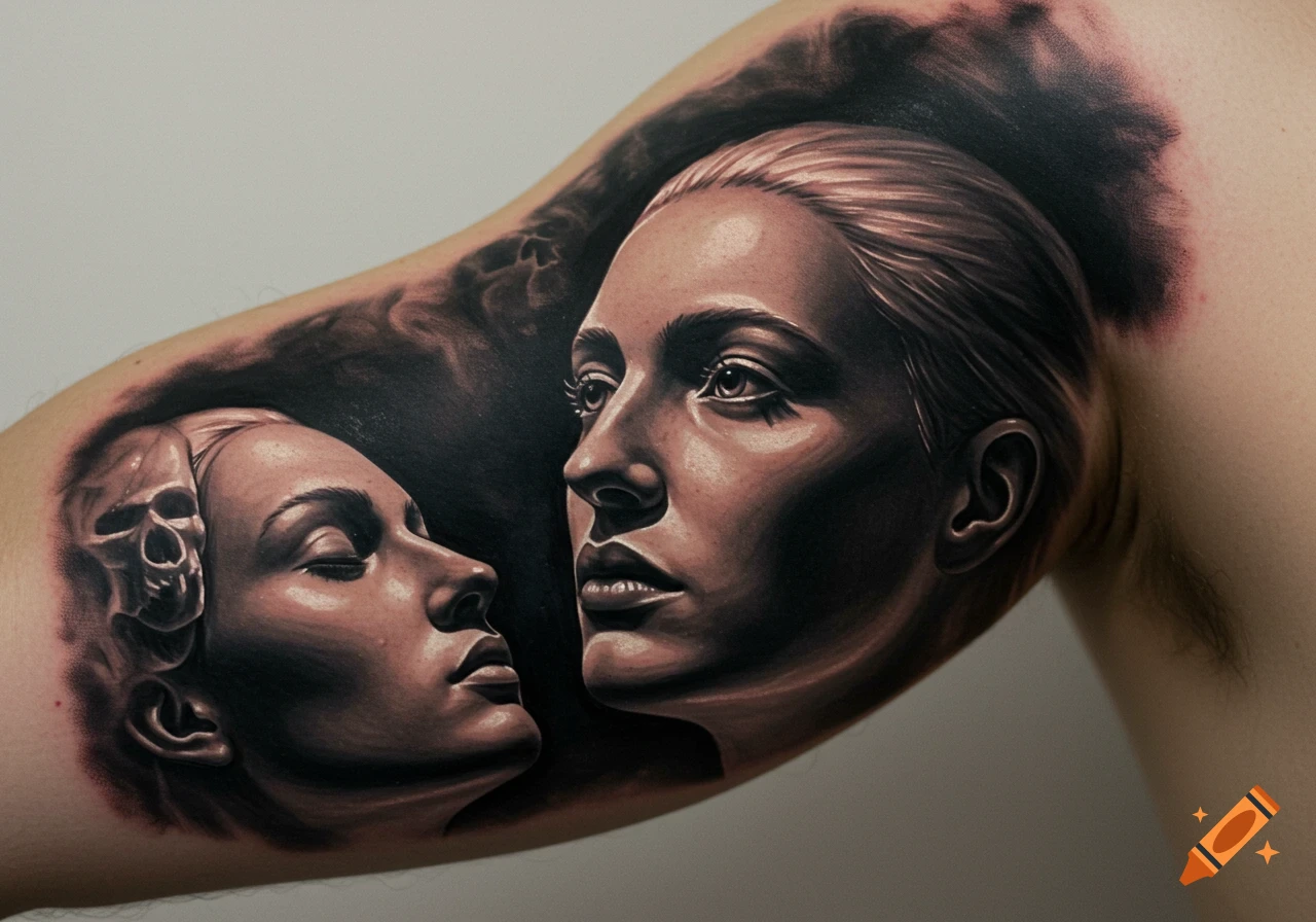 Black and grey realism tattoo of two faces and a skull on an arm.