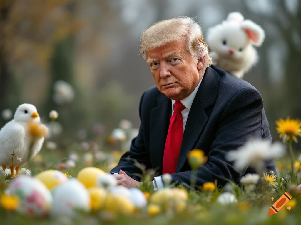 Donald Trump sitting in a field surrounded by Easter eggs, a chick, and a bunny.