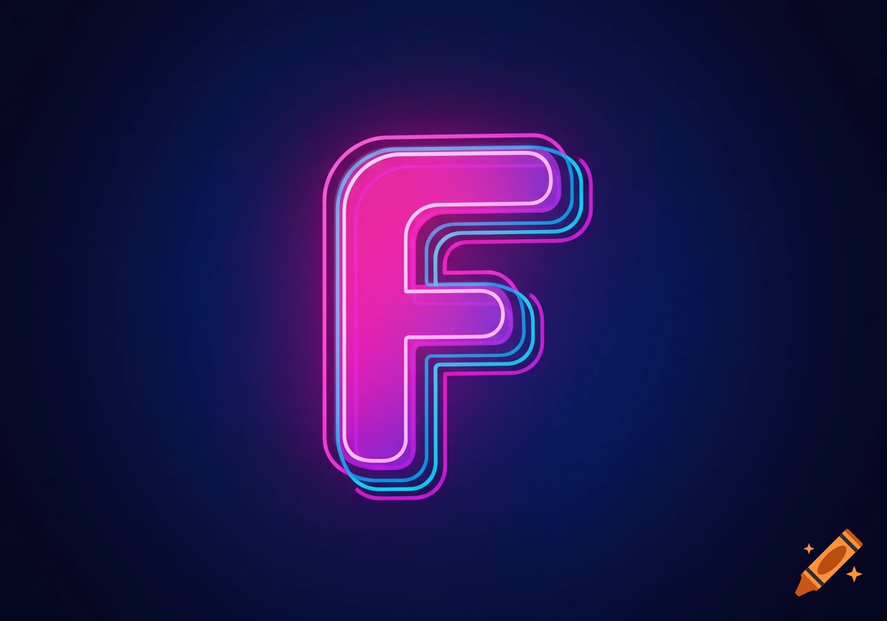 Stylized letter F with multiple neon outlines on a dark background.