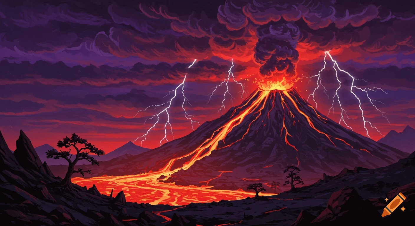 Dark fantasy painting of a volcanic eruption with lightning during a storm.