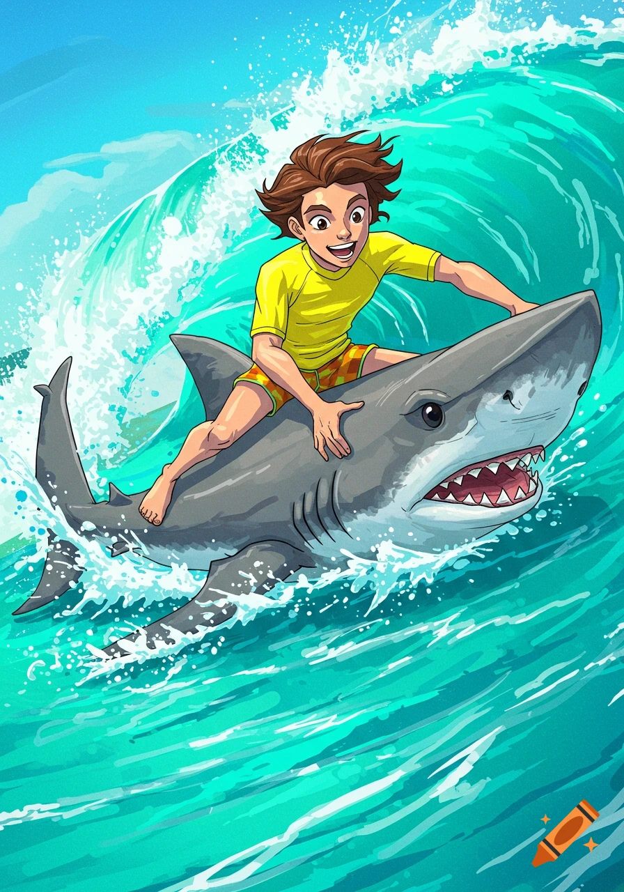 Cartoon boy rides a shark on a large wave