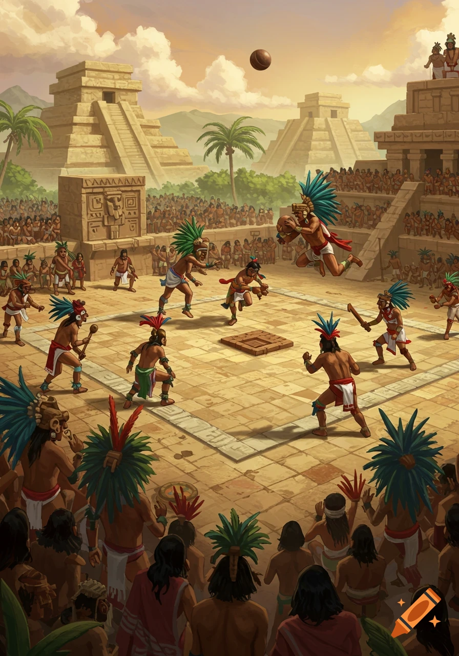 Mesoamerican ball game called Ullamaliztli played by Aztec men in front of pyramids.