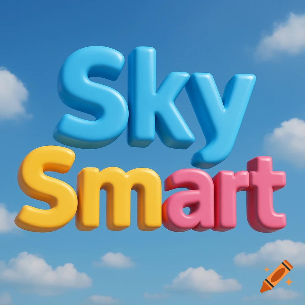 Colorful 3D letters spelling Sky Smart floating in a blue sky with clouds.