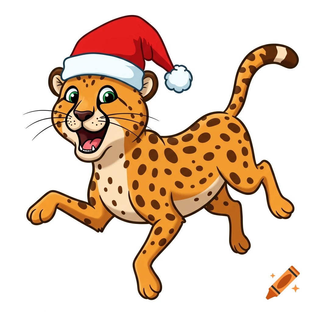 Cartoon cheetah running and wearing a Santa hat.