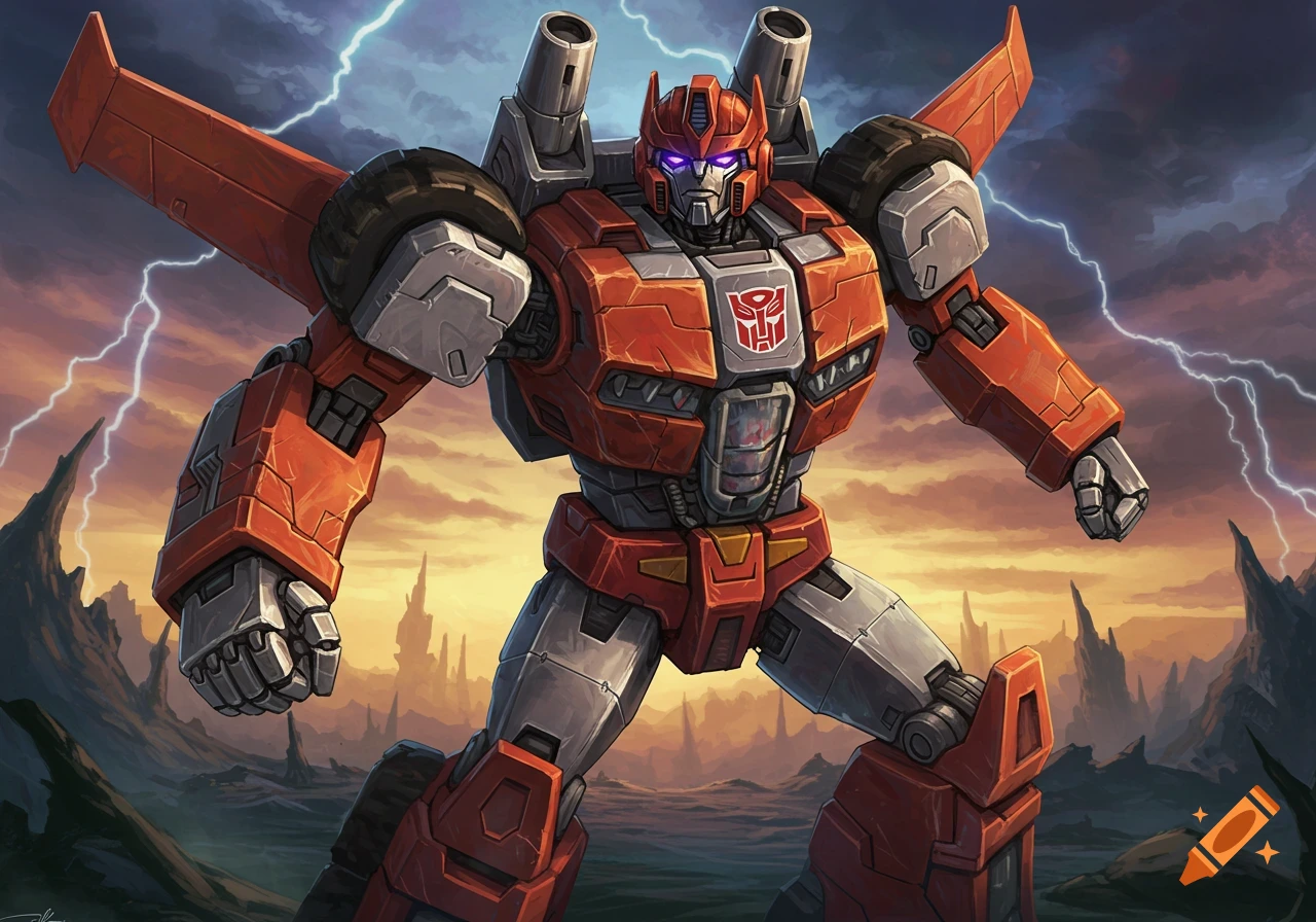 An orange and grey Transformer robot stands in a rocky landscape with lightning.
