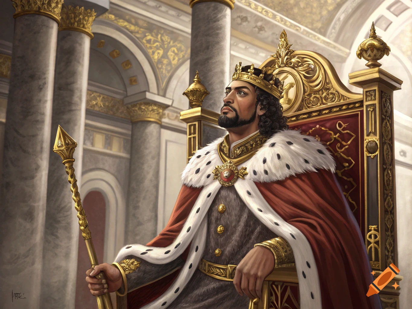 King sits on a golden throne in a palace, holding a scepter. Digital art.