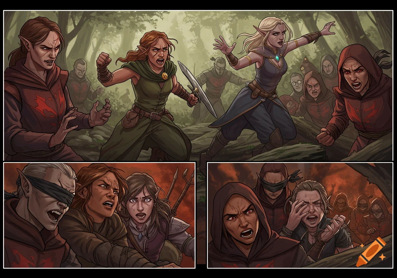 Comic art of D&D adventurers fighting and captured by hooded figures in a forest.