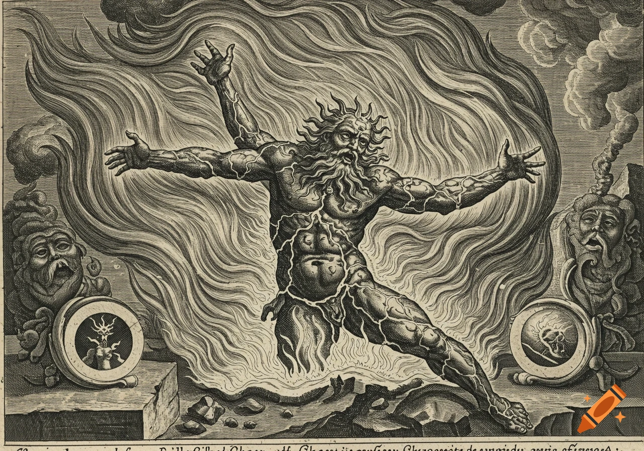 Black and white engraving of a distorted god emerging from fiery primordial energy.