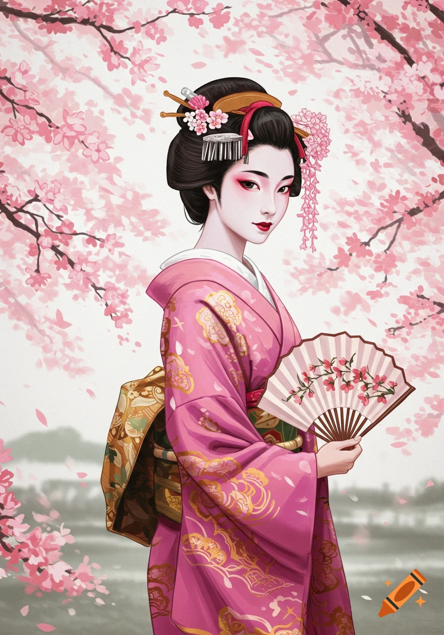A geisha in a pink kimono holding a fan stands among cherry blossoms in an illustration.