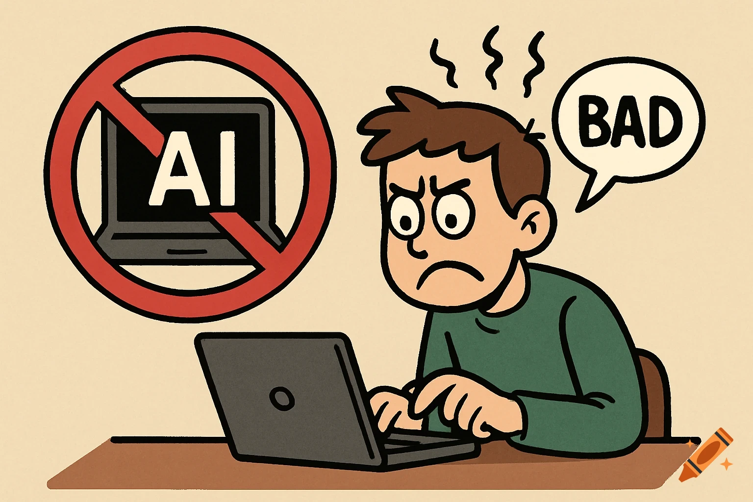 Cartoon illustration of a man looking angry at a laptop, with a 'No AI' symbol and a speech bubble saying 'BAD'.