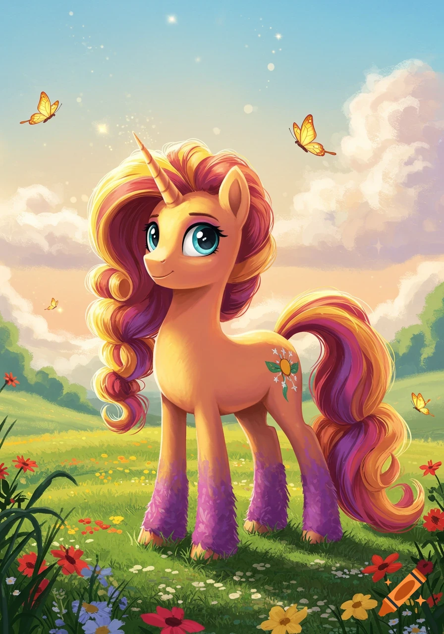 A unicorn pony in a field of flowers with butterflies.