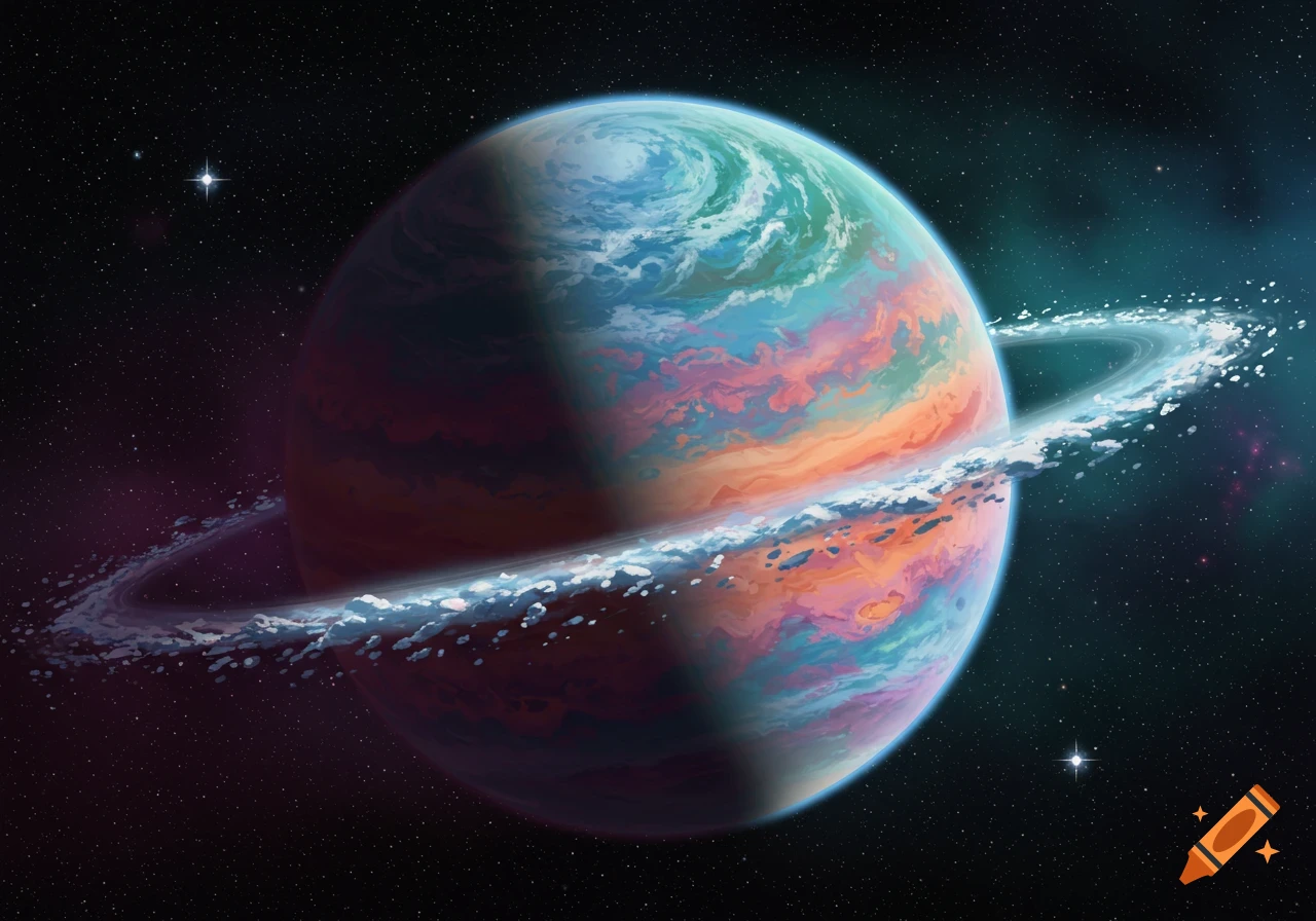 A colorful ringed planet in space, digital painting.