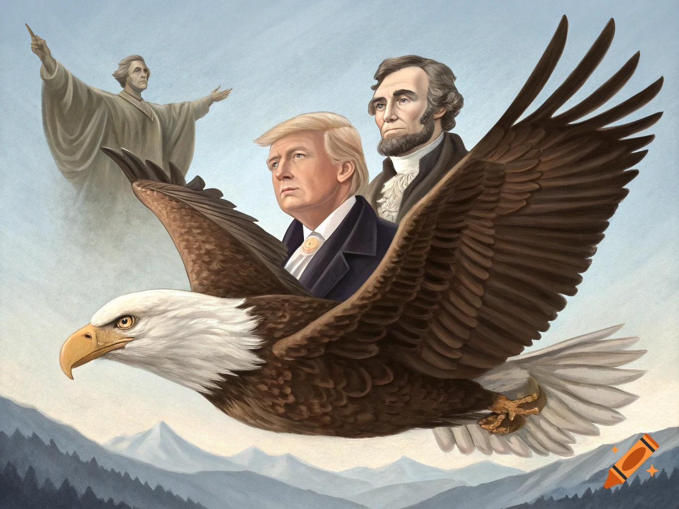 Painting of Donald Trump and Abraham Lincoln riding a bald eagle with George Washington floating behind.
