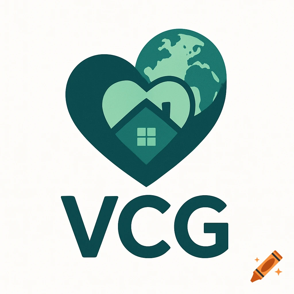 Logo with heart containing a house and globe, and the text VCG below.
