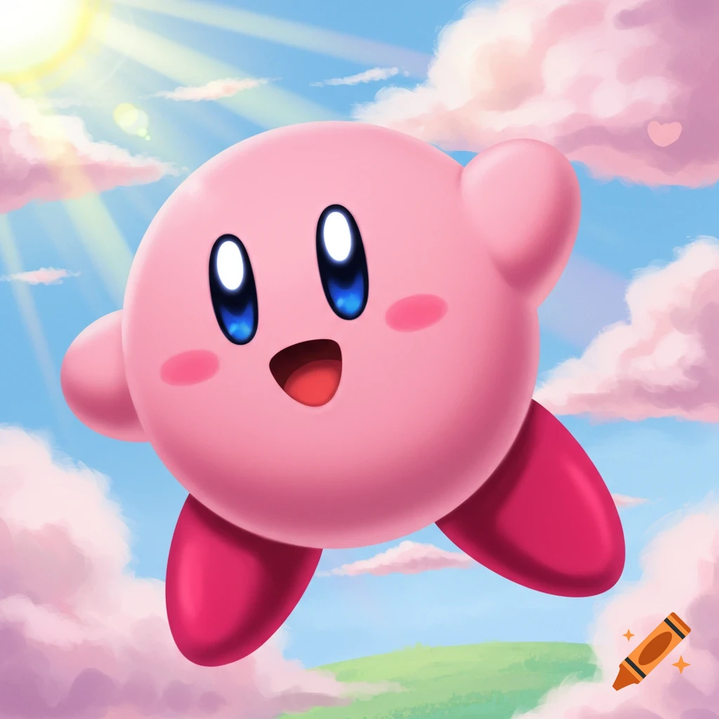 Kirby floats through the clouds under a bright sun