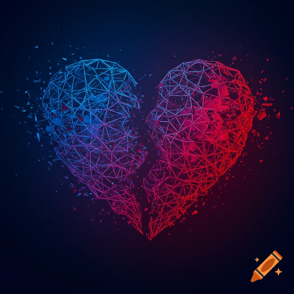 A broken heart made of geometric lines and fragments, split between blue and red light.