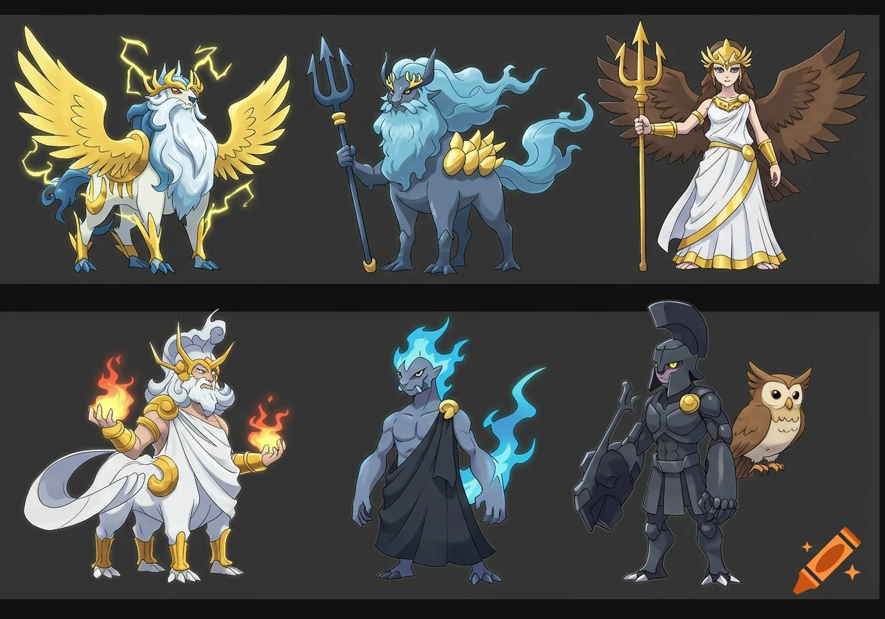 Cartoon illustrations of Greek gods in Pokemon style