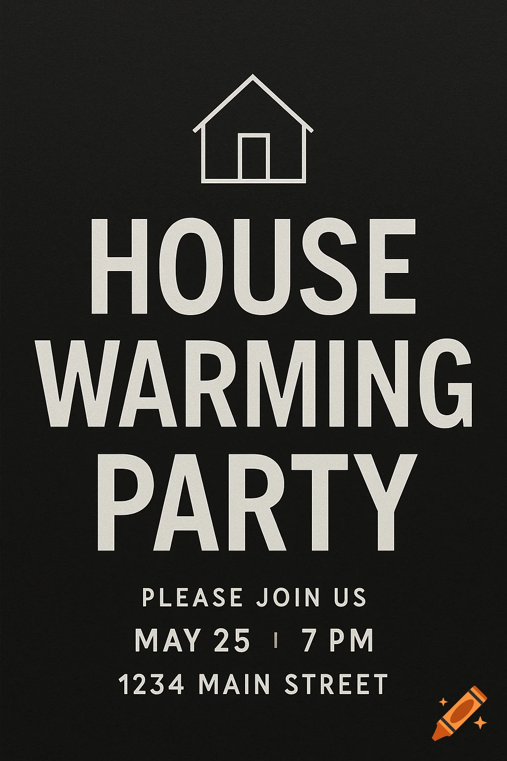 Black invitation card with white text: HOUSE WARMING PARTY, with date, time, and address details, and a simple house icon.