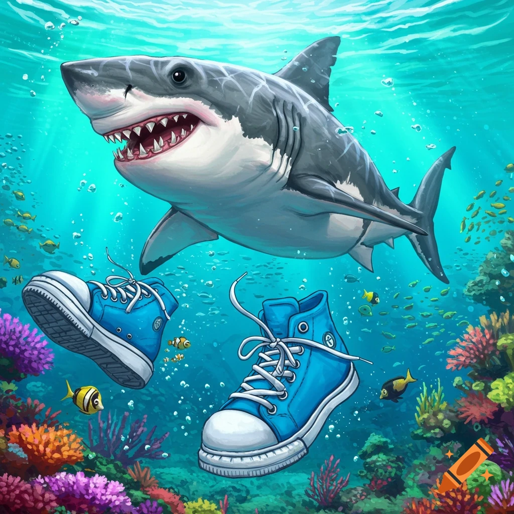 A cartoon shark swims underwater with two blue shoes floating below it amidst coral and fish.