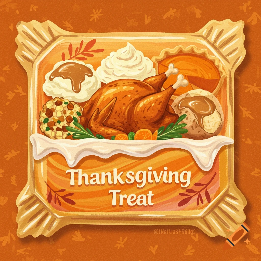 Illustration of a candy bar filled with a Thanksgiving meal (turkey, pie, sides) and text "Thanksgiving Treat".