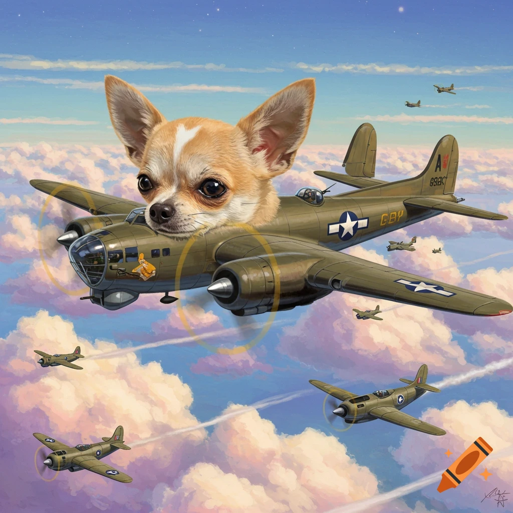 A chihuahua's head emerges from the cockpit of a bomber plane flying through clouds with other aircraft.