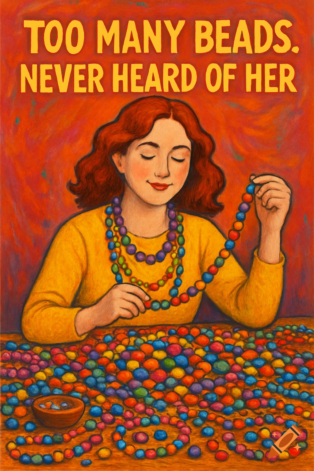 Painting of a woman sorting colorful beads on a table, with the text 'Too Many Beads. Never Heard Of Her' above.