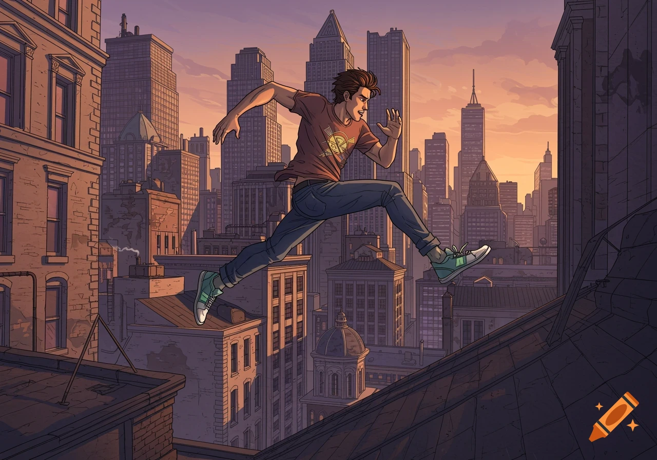 Comic book illustration of a person jumping between city buildings at sunset.