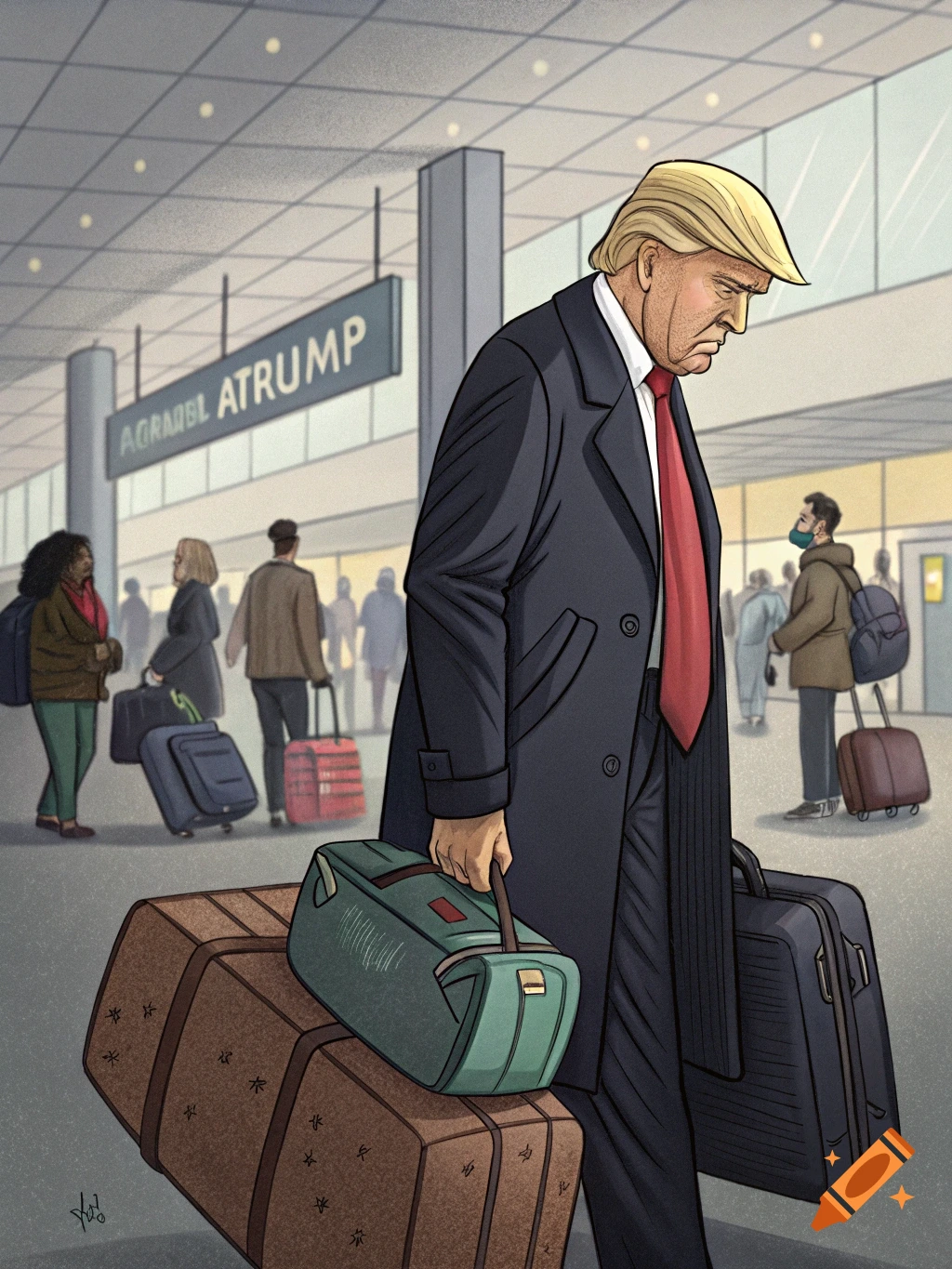 Cartoon illustration of a man resembling Donald Trump carrying luggage in an airport.