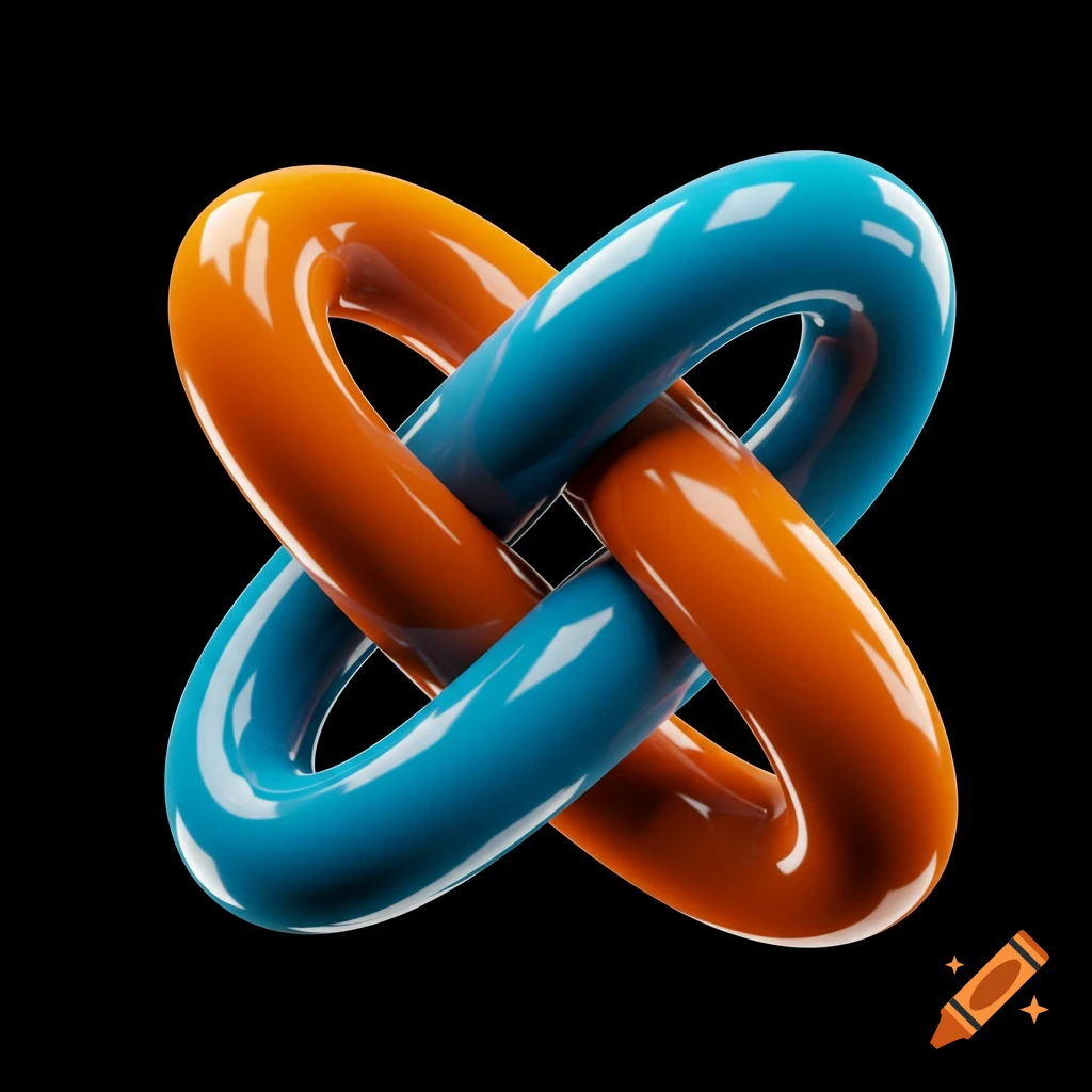 Two intertwined shiny 3D shapes, one orange and one blue, on a black background.