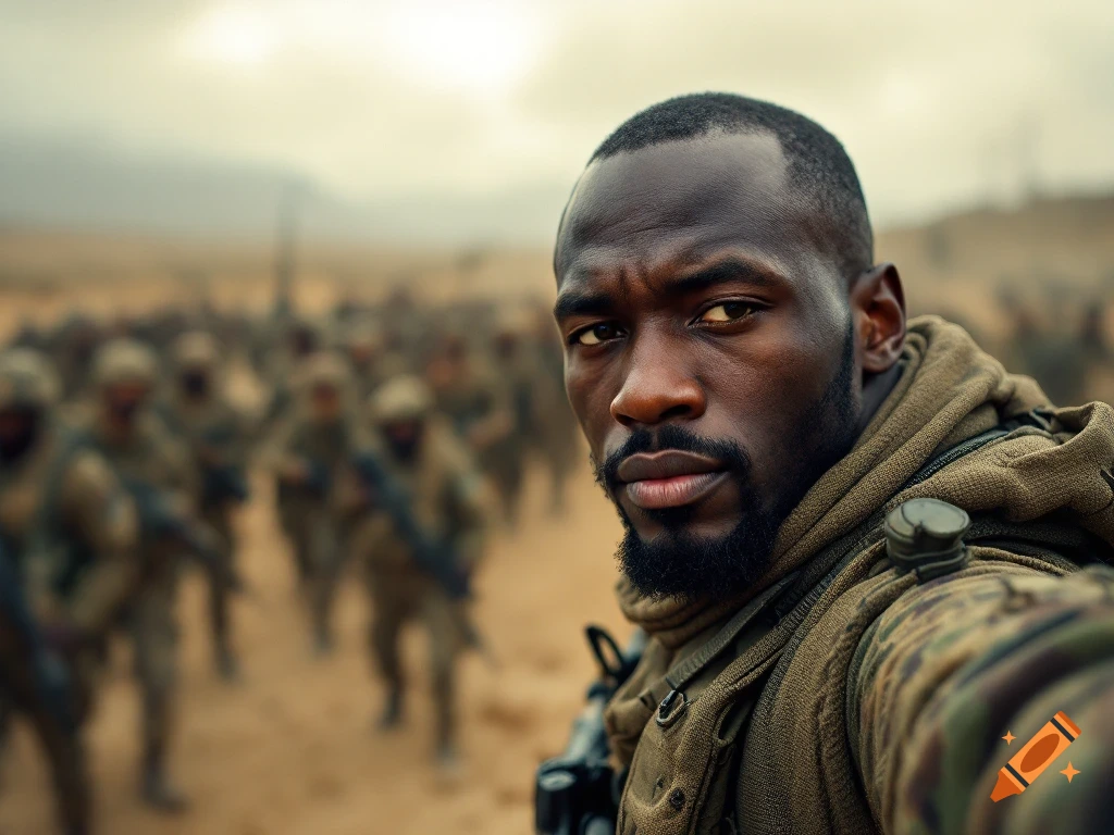 A soldier takes a selfie in a desert with blurred soldiers behind him.