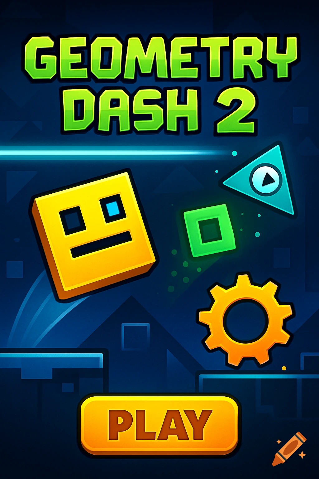 Geometry Dash 2 ad with a yellow cube, blue triangle, green square, and orange gear on a dark blue background, with a yellow button that says PLAY.