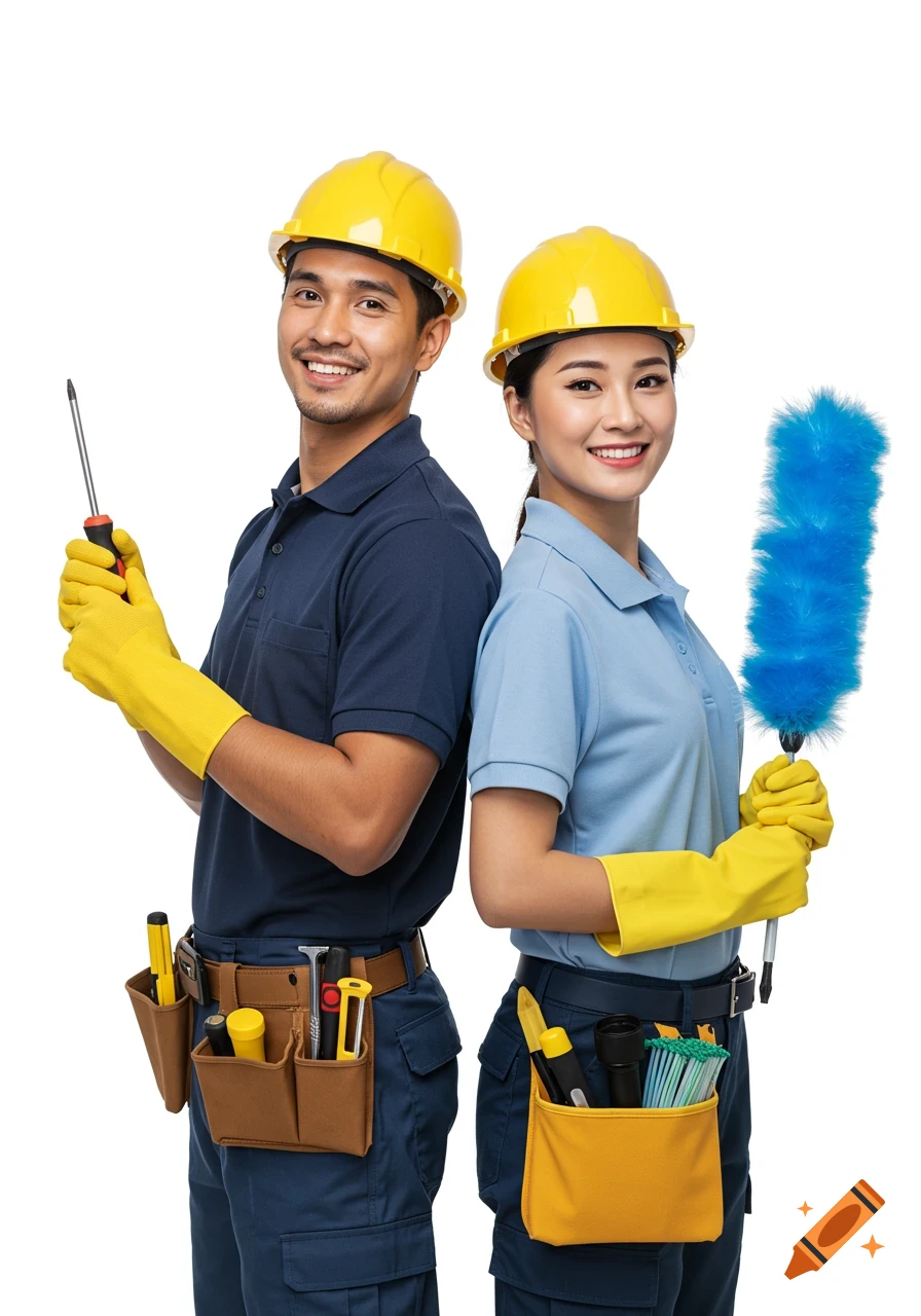 Maintenance worker and house cleaner in hard hats stand back-to-back, smiling. He holds a screwdriver, she holds a blue duster.
