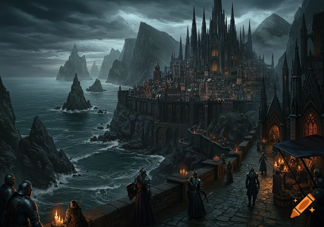 Dark fantasy city built on cliffs by a stormy sea with armored figures on a path.