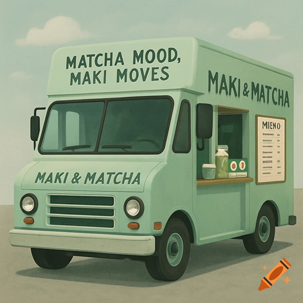 A pastel green food truck with text on the side and front, with a menu displayed.