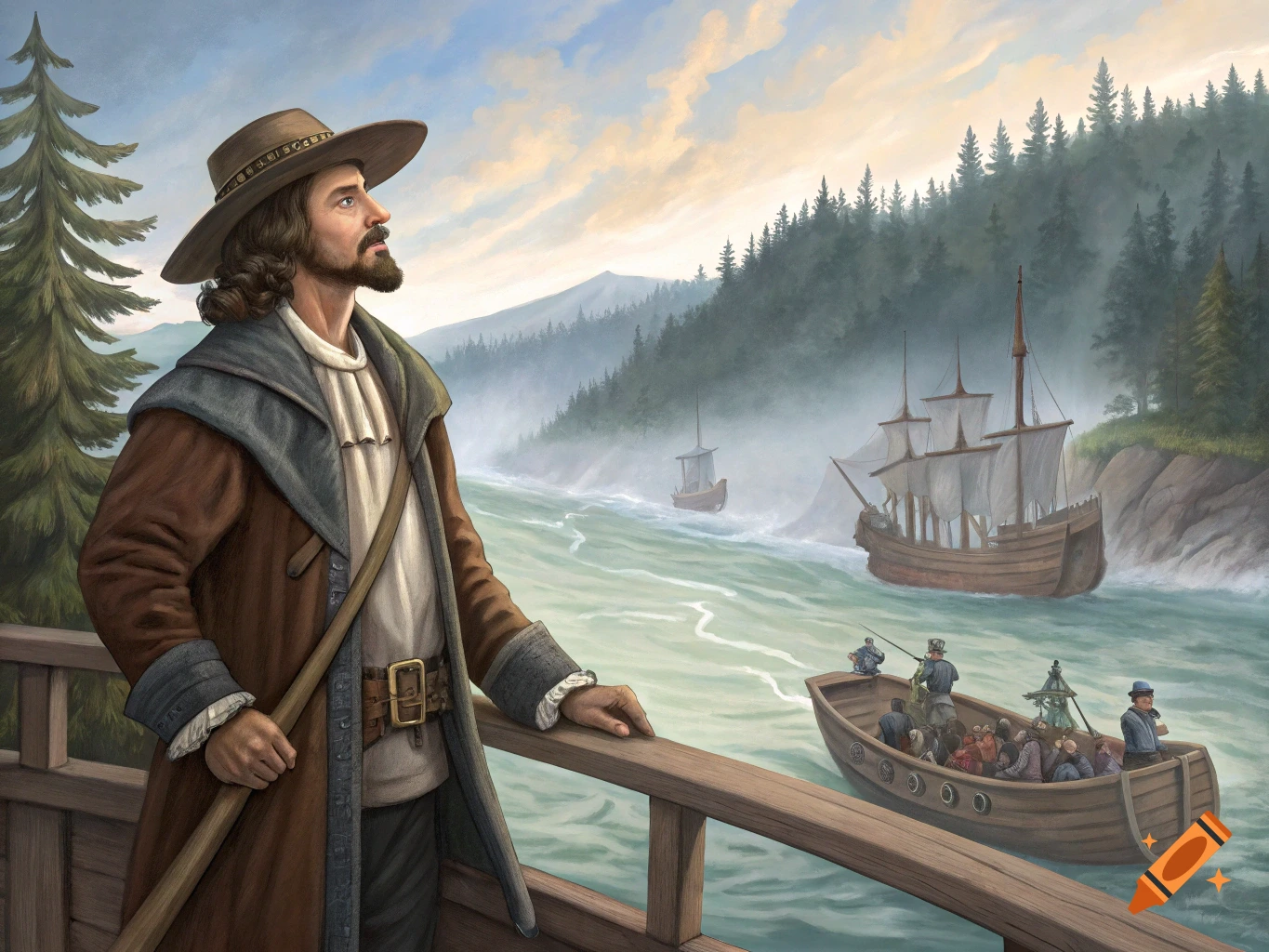 A man in historical clothing stands on a dock, looking at ships on a river.