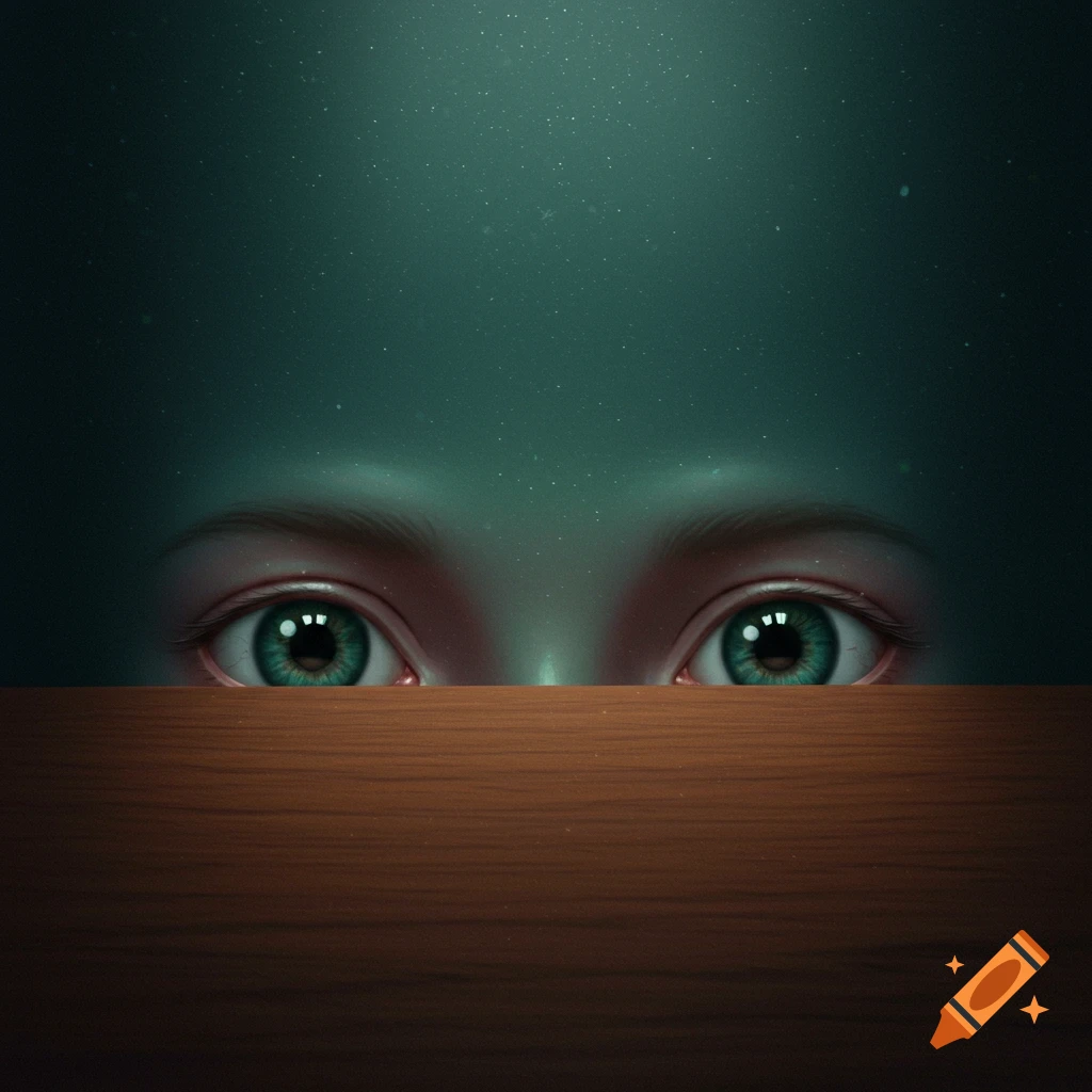 A pair of wide green humanoid eyes peers over a wooden table against a dark, starry background.