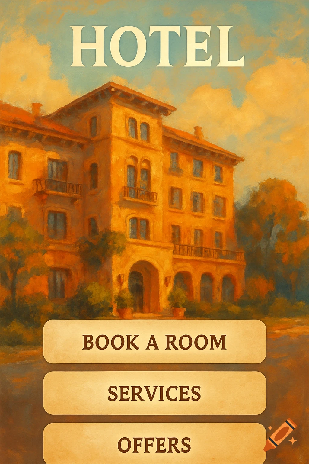 Painting of a hotel facade with menu buttons for booking, services, and offers.