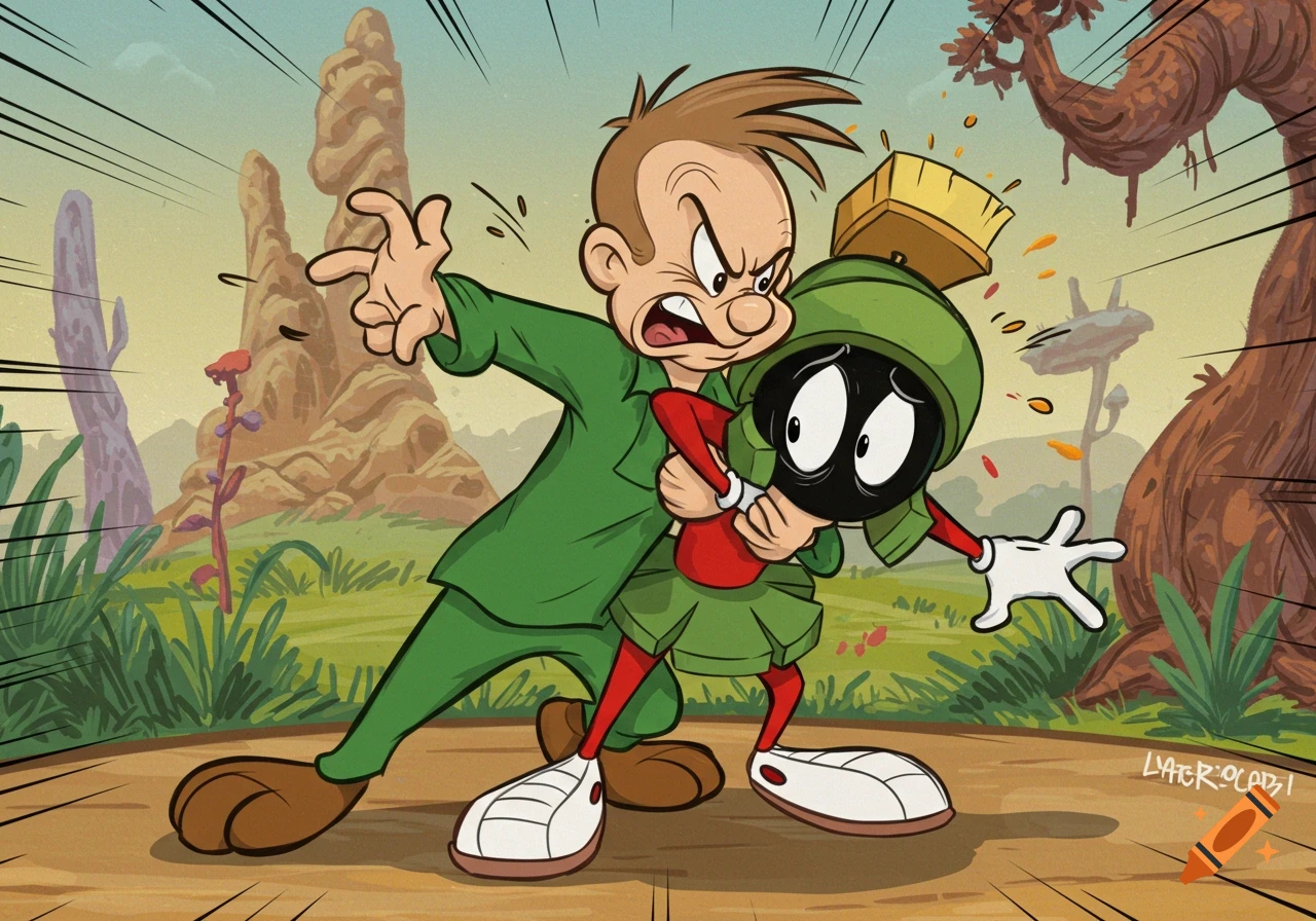 Cartoon of Elmer Fudd holding Marvin the Martian in a wrestling move on an alien landscape.