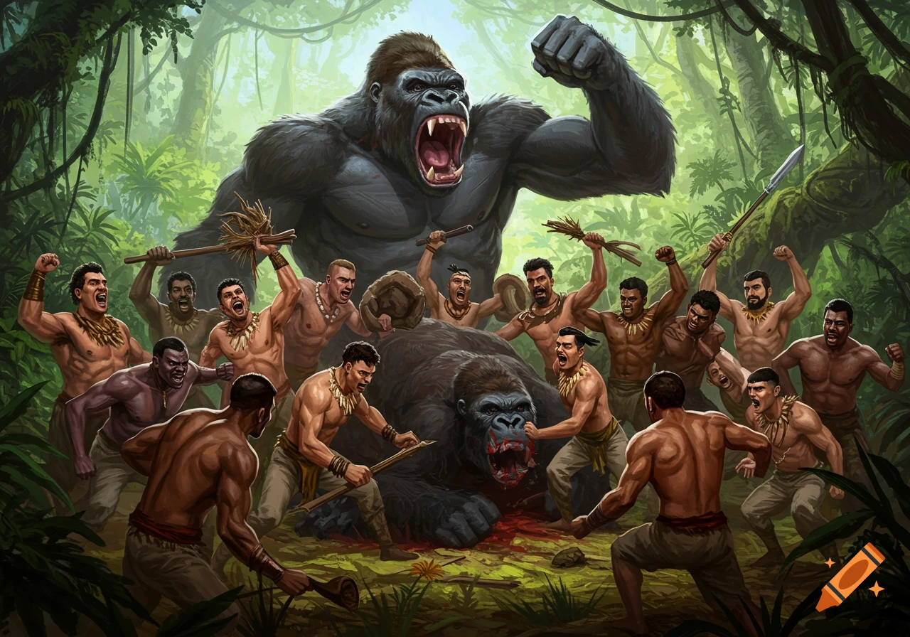 Men battle a massive gorilla in a jungle, with a smaller gorilla lying on the ground. Illustration style.