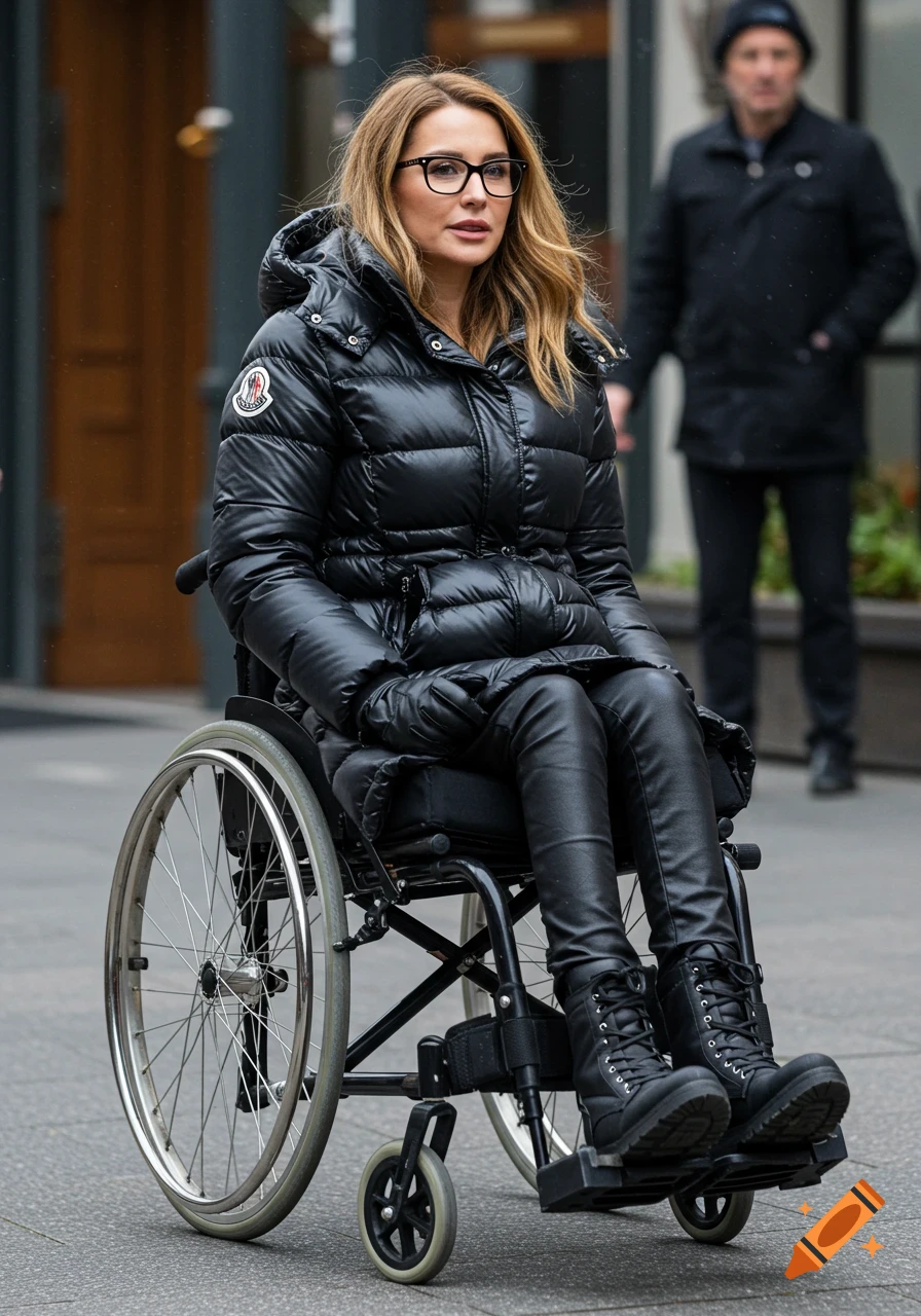 Woman in black puffy coat and boots in a wheelchair on a street.