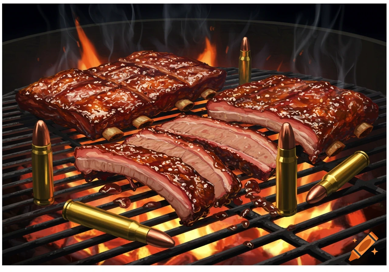 BBQ ribs and bullets on a grill with flames