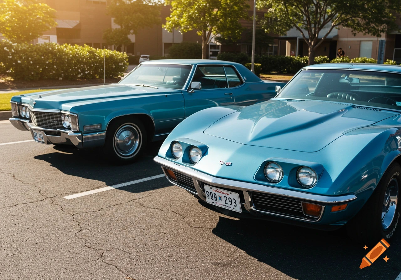 Two blue classic cars, a Cadillac and a Corvette, parked in a lot.
