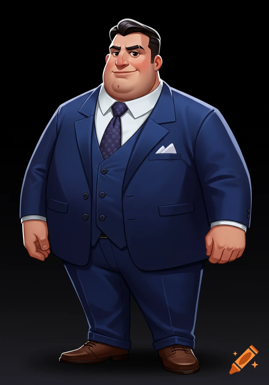 A cartoon character of a plus-sized man in a blue suit, vest, and tie.